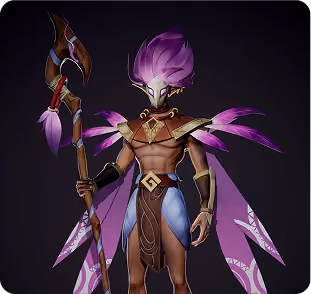 Fantasy character with purple hair, metallic armor, and staff with feathers on dark background.