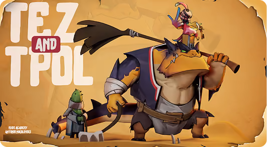 Three stylized characters: a muscular frog holding a pole, a small armored turtle, and a bird with keys.