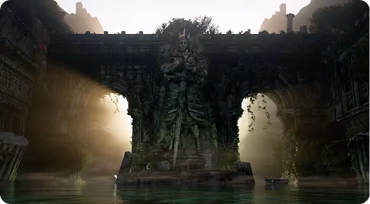 Ancient statue of a warrior in an overgrown stone archway with sunlight shining through mist.