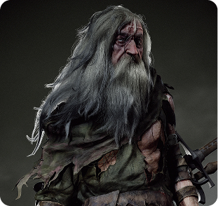 Elderly warrior with long gray hair and beard wearing tattered armor and holding a weapon.