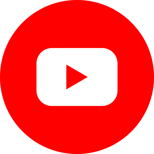 YouTube play button icon in white on a red circular background.