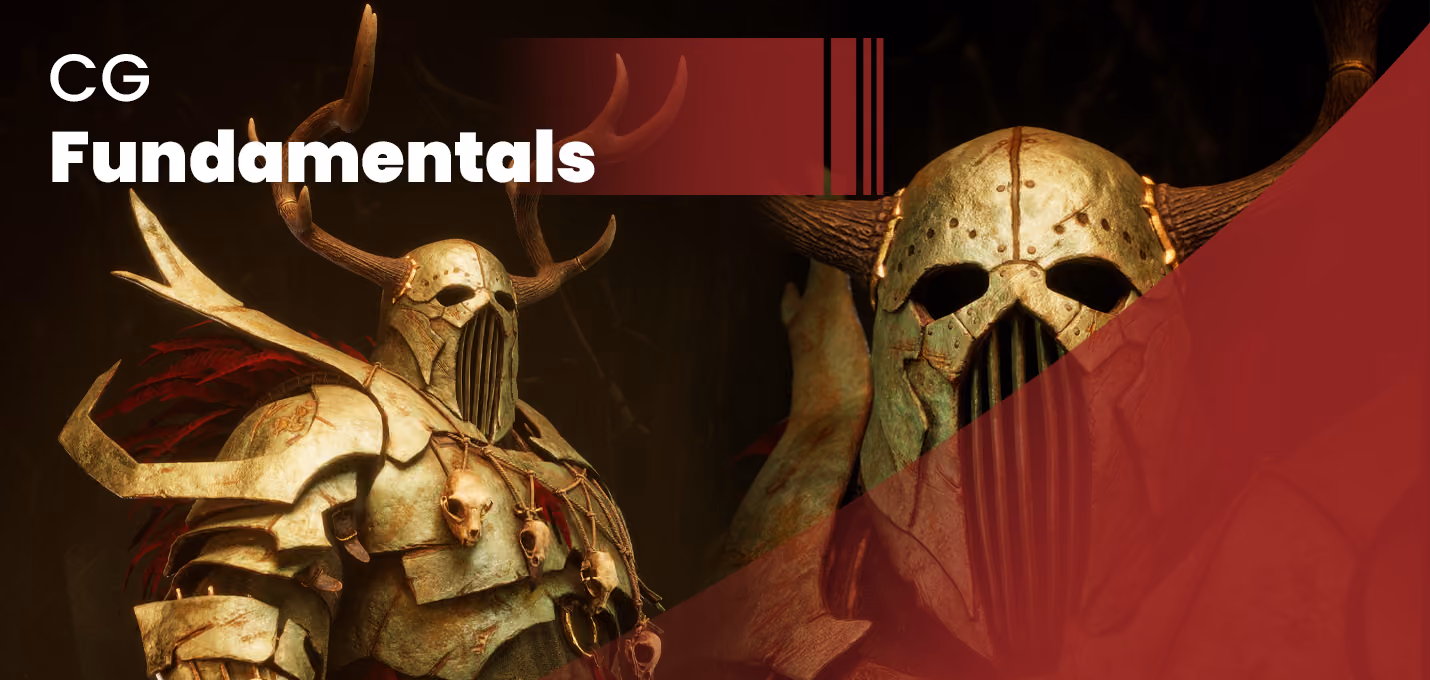 Armored warrior with a horned helmet and skull decorations, with text 'CG Fundamentals'.