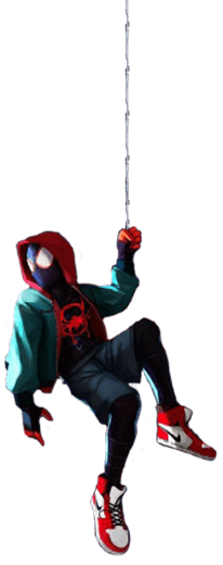 Spider-Man in a black and red suit with teal jacket swinging on a web.