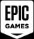 Epic Games black and white logo with a shield shape and bold text.