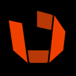 Abstract orange geometric shape resembling a stylized shield on a black background.