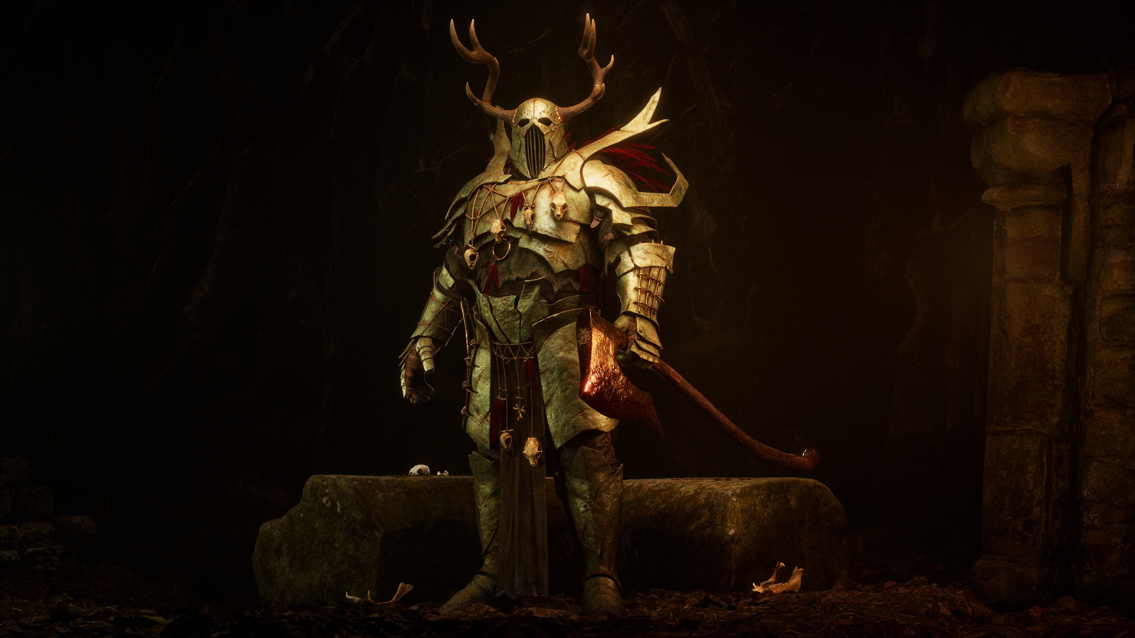 Armored warrior with antlered helmet holding an axe in a dimly lit ancient stone chamber.
