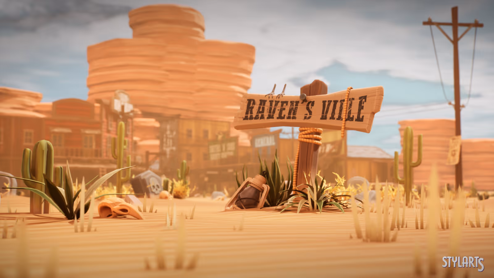 Wooden sign reading 'Raven's Ville' in a stylized desert town with cacti and rock formations.