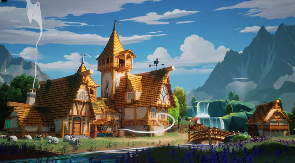 Fantasy village scene with large timber-framed houses, green hills, a flowing waterfall, and mountains in background.