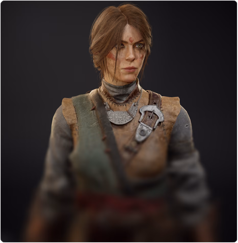 A serious-looking woman with light skin and brown hair tied back, wearing worn medieval-style clothing with leather and fabric layers, and a metal necklace with an intricate design, set against a dark background.