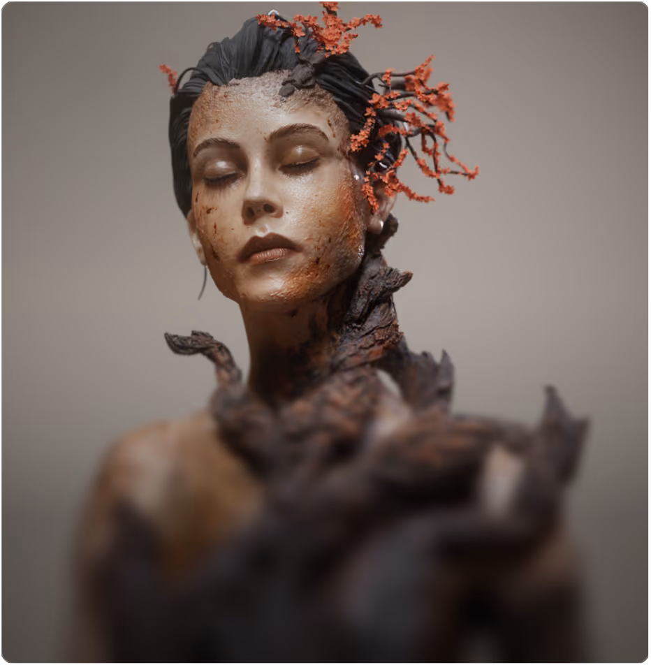 Surreal sculpture of a woman's face and upper torso with closed eyes, textured like wood and bark with red coral-like branches growing from her hair and neck.