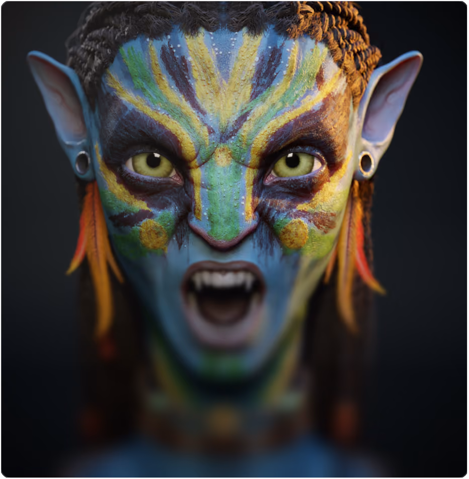 Close-up of a fierce blue-skinned alien with yellow and green facial stripes, pointed ears with earrings, braided hair with orange accents, and sharp teeth visible in an open mouth.