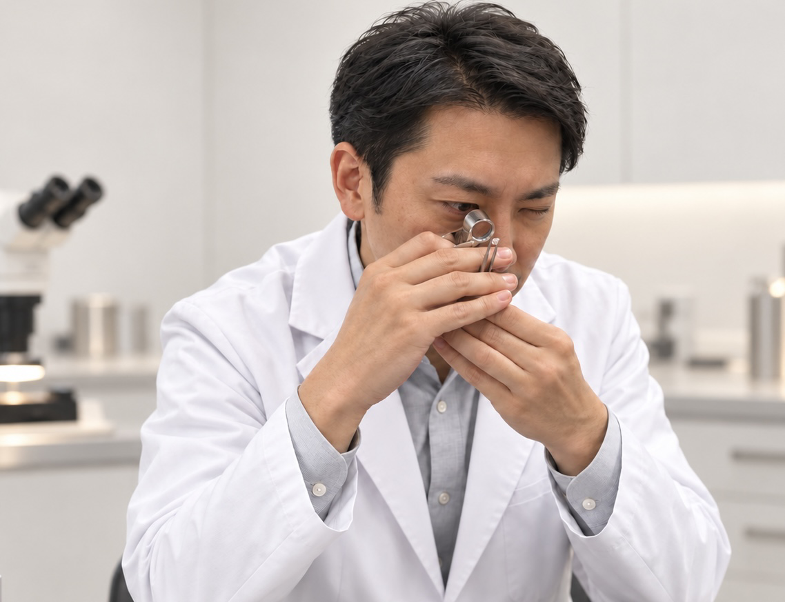 ダイヤモンドをルーペで確認する技術者