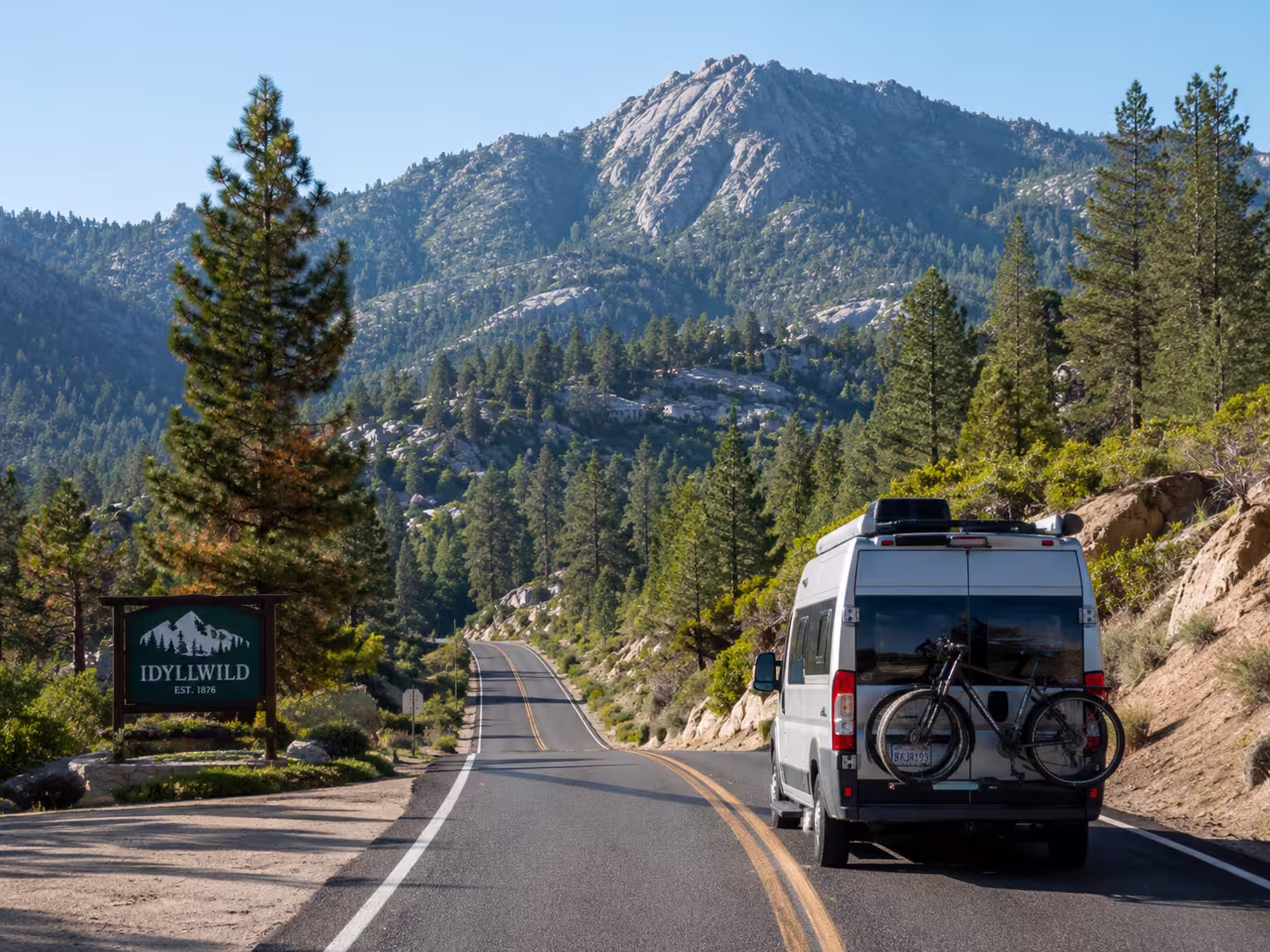 Camper van on a mountain road toward Idyllwild near Murrieta