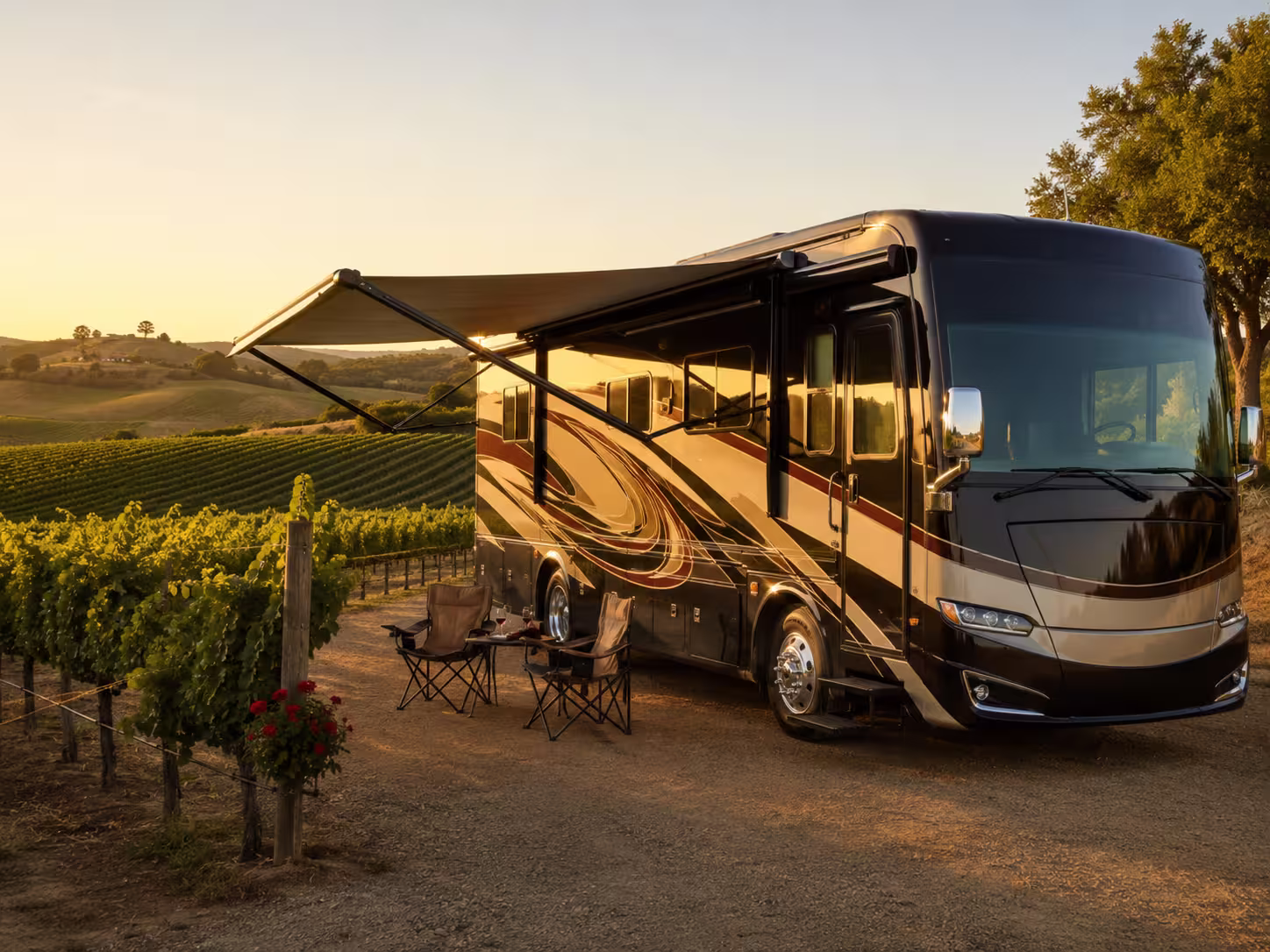 Luxury Class A motorhome parked at a Temecula vineyard near Murrieta