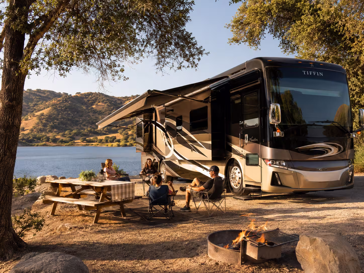 Luxury motorhome at a lakeside campsite near Lake Skinner in Murrieta