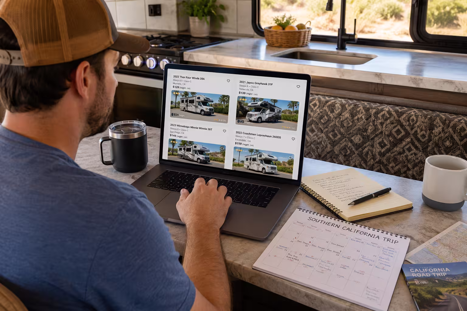 Renter reviewing RV rental prices and listings in Murrieta, CA