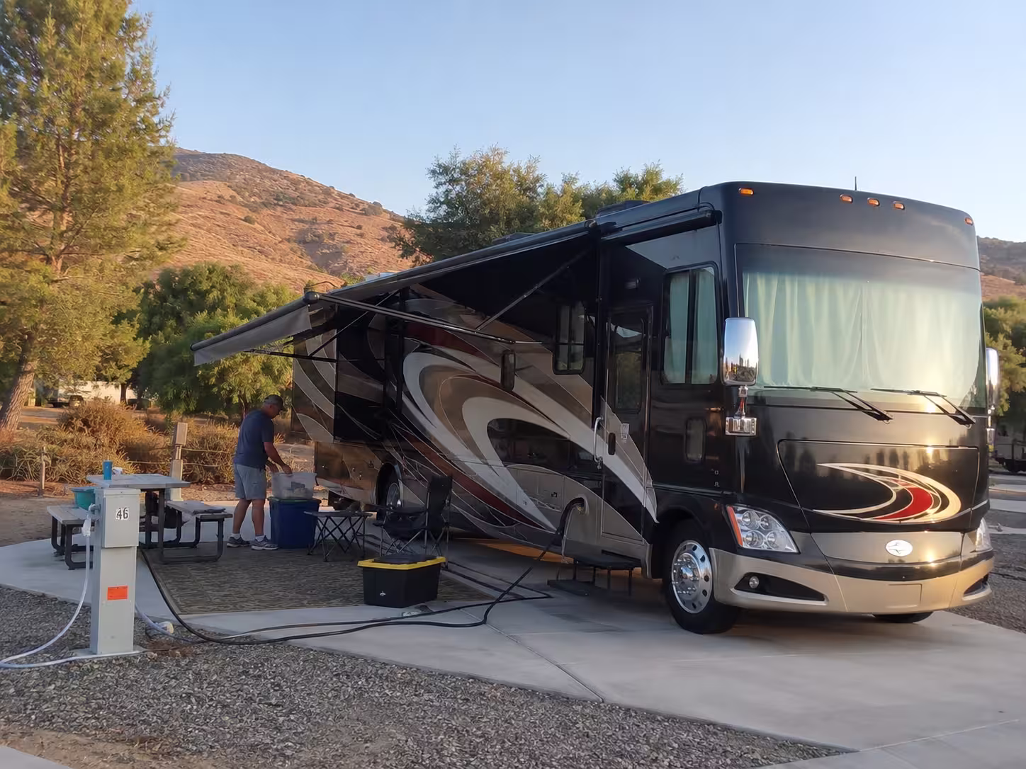 Long-term RV rental parked at a Murrieta RV park with hookups