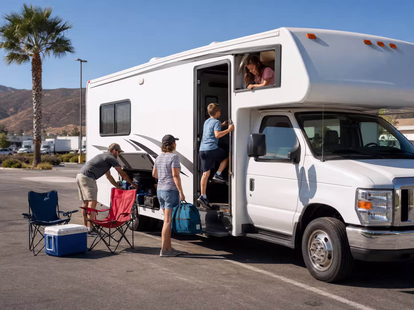 Family loading a Class C motorhome for rent in Murrieta, CA