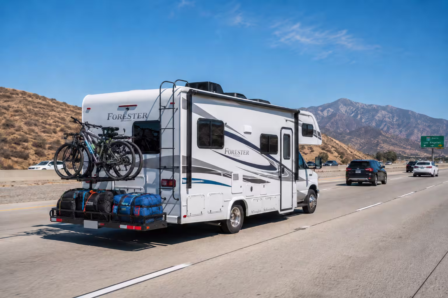 Class C motorhome driving out of Murrieta on I-15
