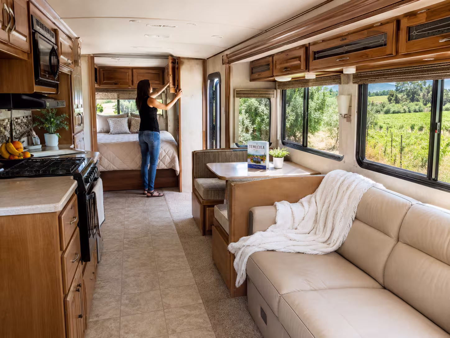 Interior layout of a large RV with slide-out and bedroom