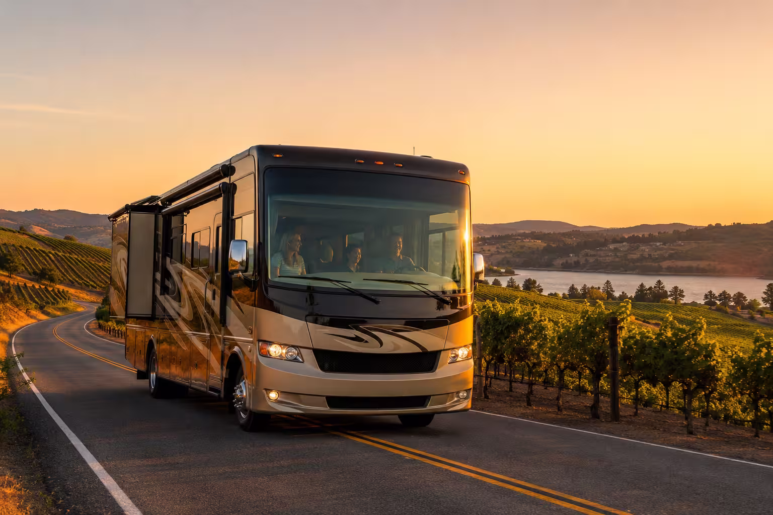 Large RV driving through Temecula wine country near Murrieta