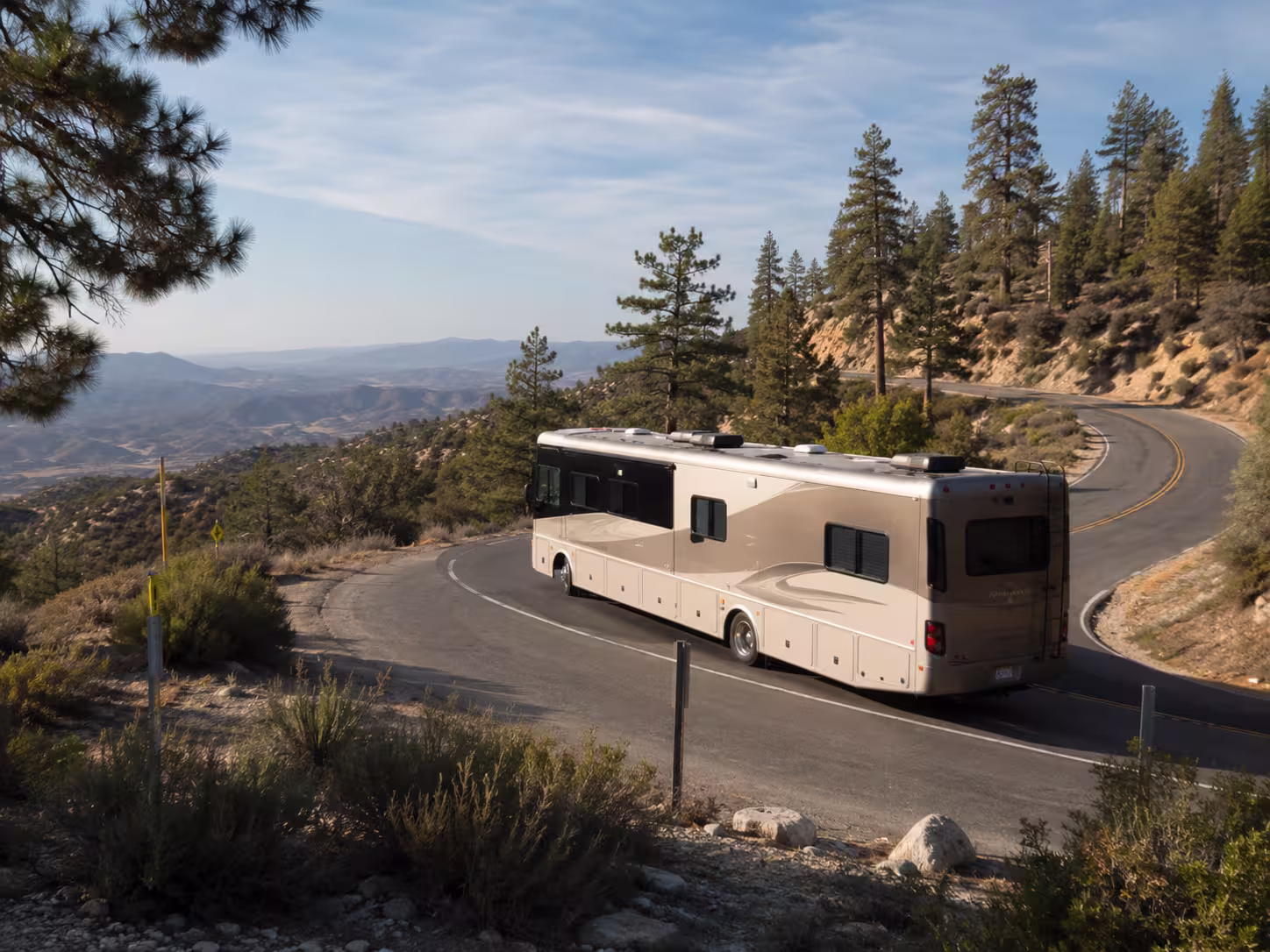 Large RV on a mountain road heading toward Idyllwild