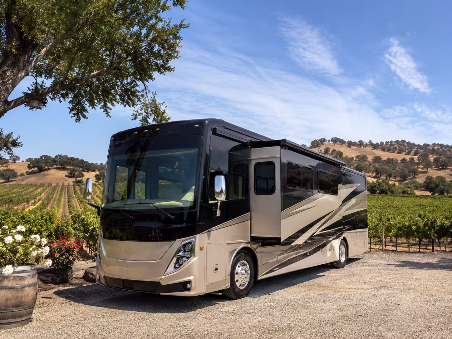 Class A motorhome parked at a Temecula wine country vineyard near Murrieta