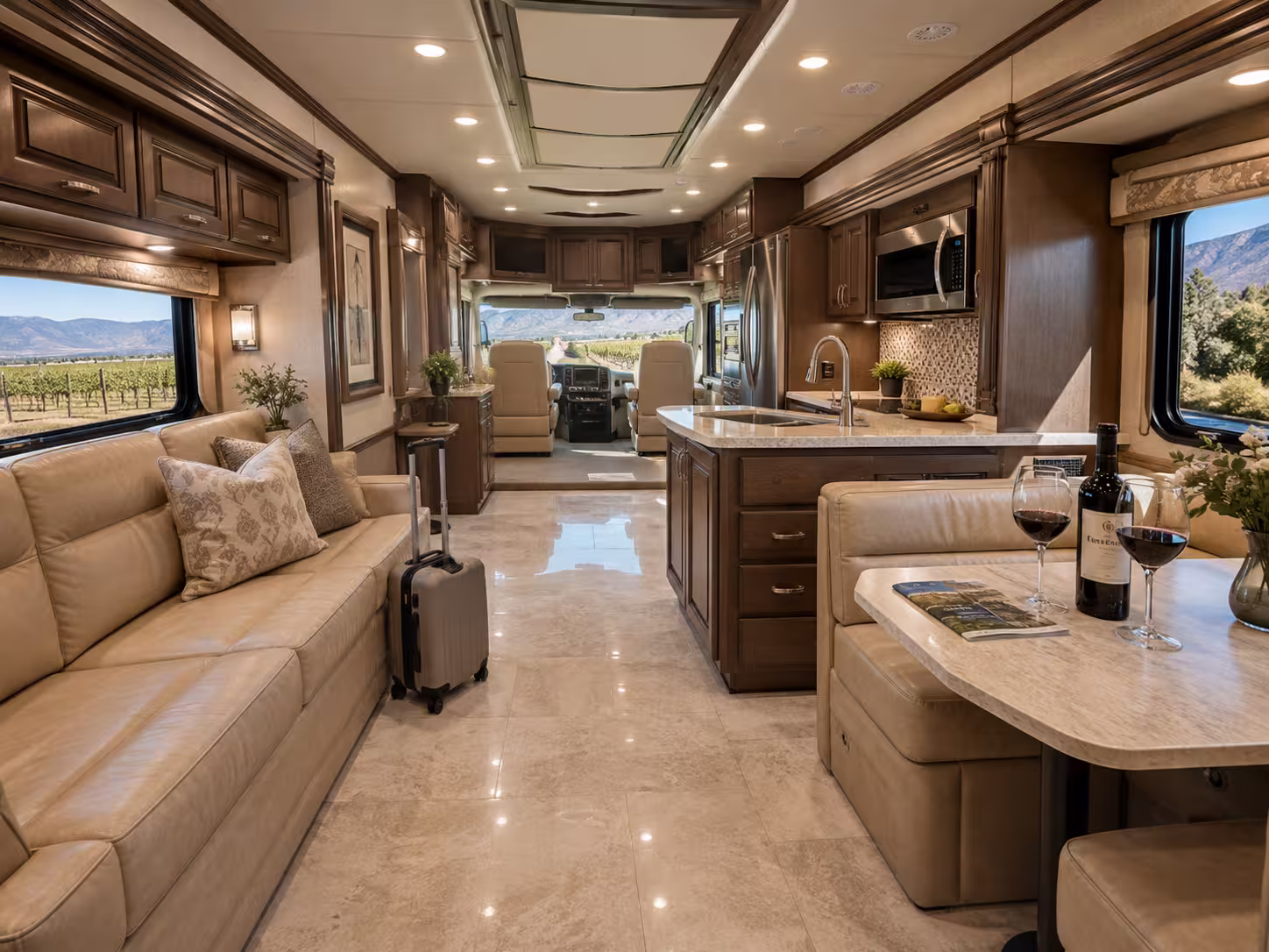 Class A motorhome interior with full kitchen and slide-out living space
