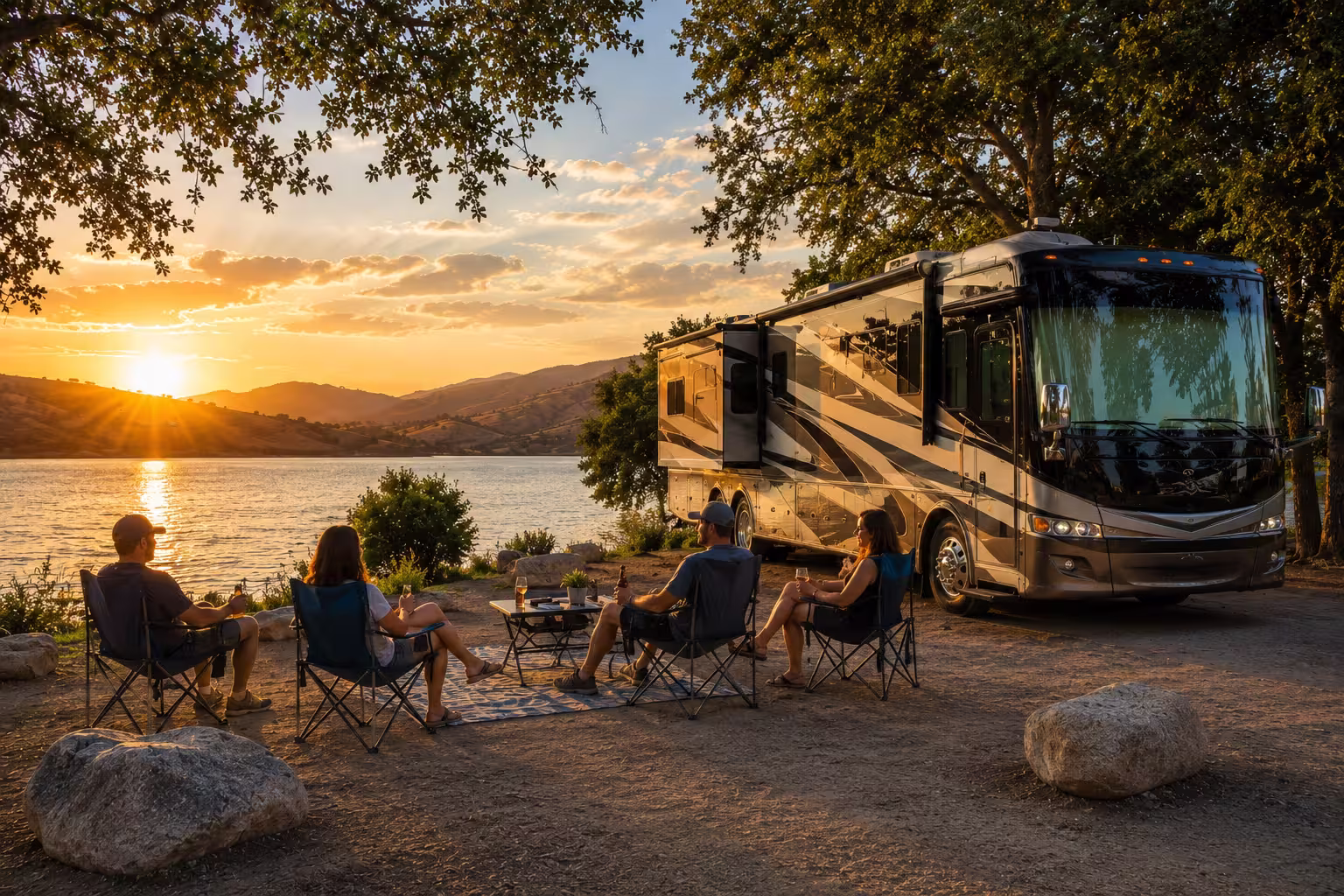 Class A motorhome at a Lake Skinner campsite near Temecula