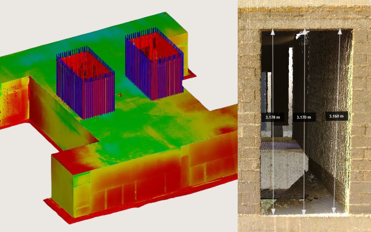 Construction image: 3D color-coded thermal or structural model of a building section on the left and a 3.17-meter height measurement inside a block wall opening on the right