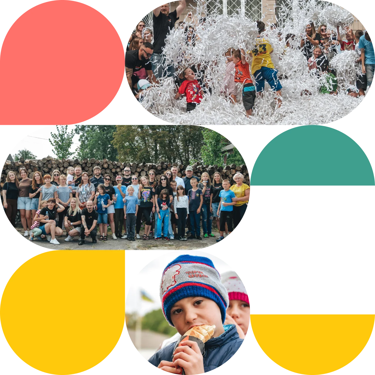 Колаж зі святкового благодійного заходу з іграми, груповими фото та активною участю дітей і волонтерів.