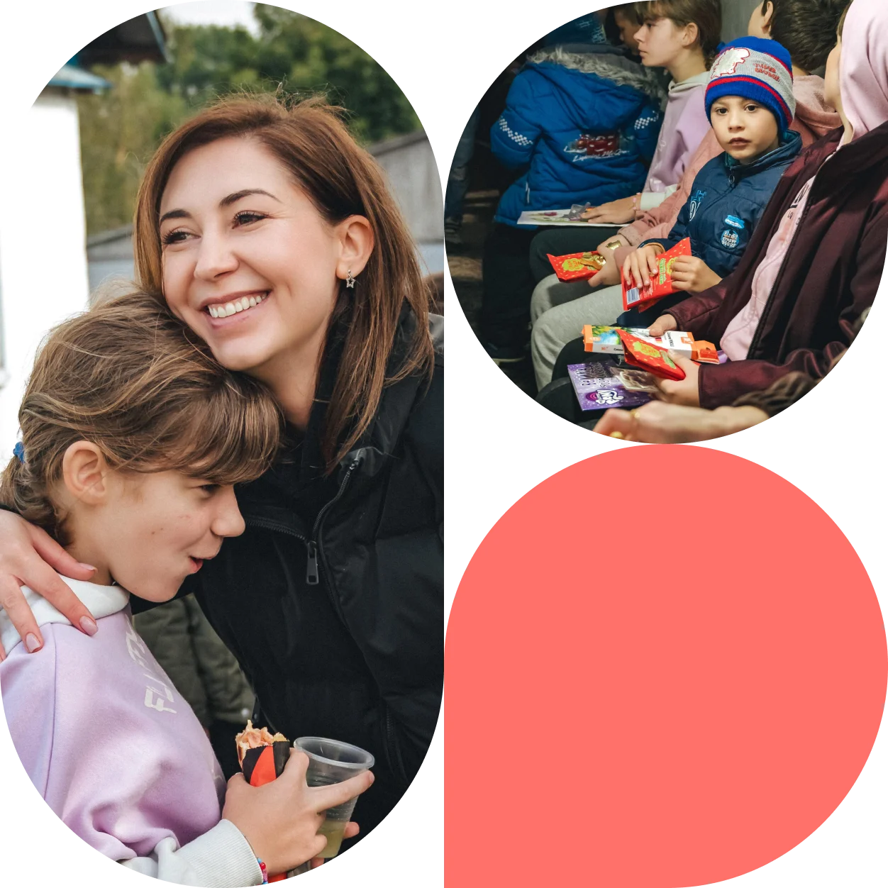 Колаж із моментів благодійного заходу: волонтерка обіймає дитину, діти отримують смаколики та граються разом.