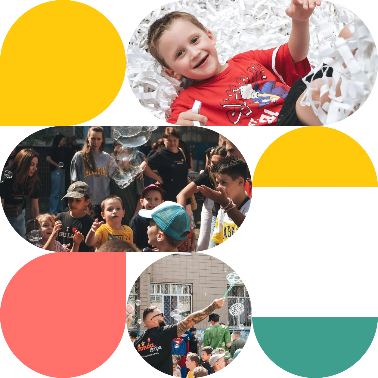 Колаж із благодійних подій фонду: діти та волонтери під час свят, ігор і спільних активностей.