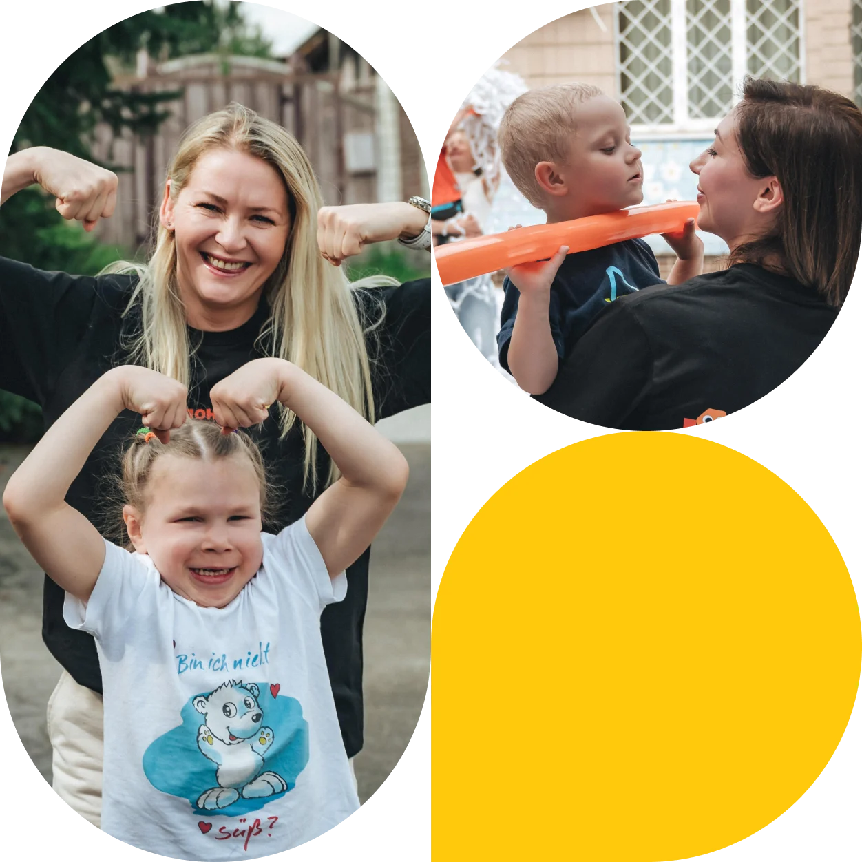 Колаж із радісних моментів дитячого свята: ігри, обійми та взаємодія волонтерів із дітьми.