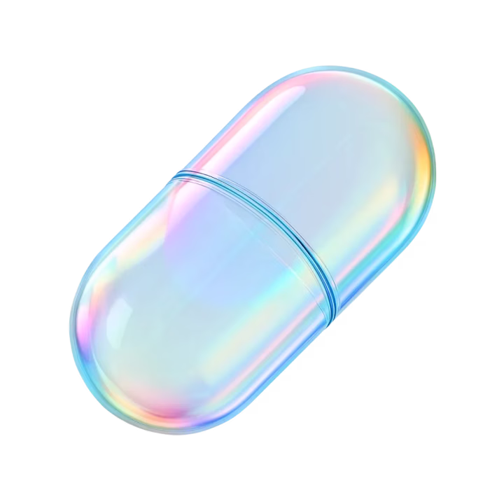 O capsulă (pastilă) transparentă cu un luciu irizat, asemănător curcubeului.