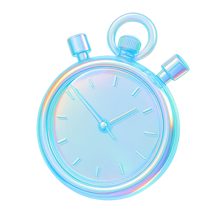 Un cronometru (stopwatch) irizat care indică ora, cu un finisaj lucios și translucid.