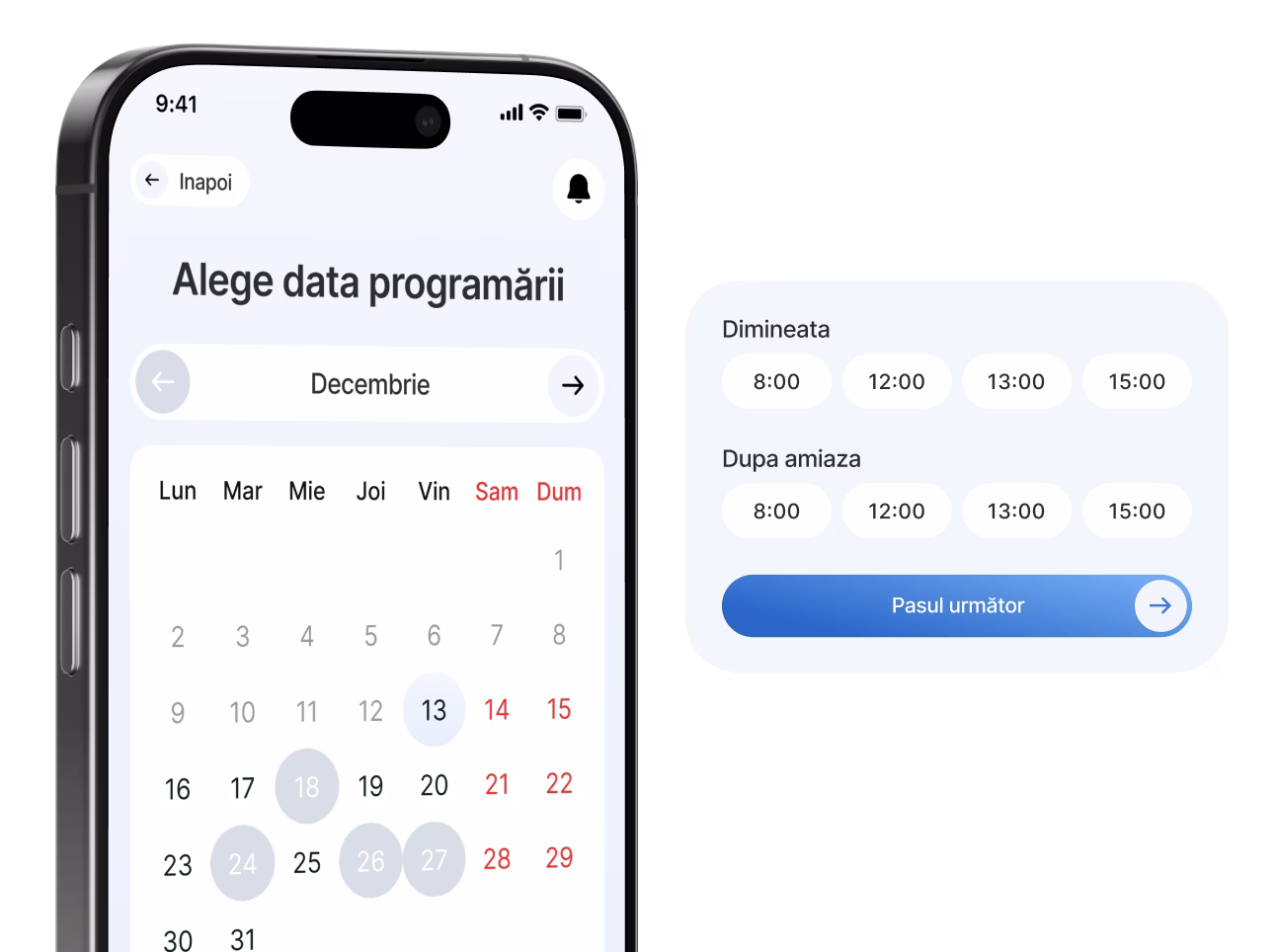 Ecranul unui smartphone afișează un calendar pentru luna decembrie, cu date selectate și intervale orare disponibile, atât dimineața, cât și după-amiaza. Interfața include un buton albastru inscripționat cu textul „Pasul următor”.