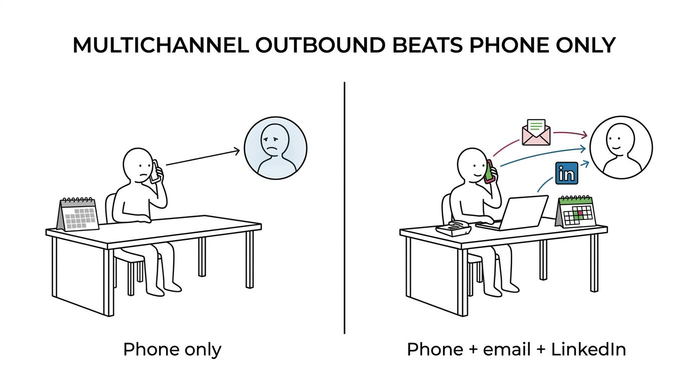 Side-by-side comparison of a standalone cold calling agency and a multichannel outbound partner across channels, targeting, follow-up, and meeting quality.