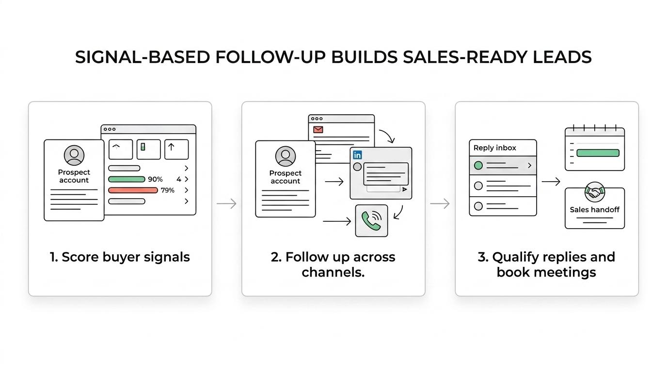 Flow diagram showing a B2B prospect moving through email, LinkedIn, and phone follow-up based on engagement signals until a meeting is booked.