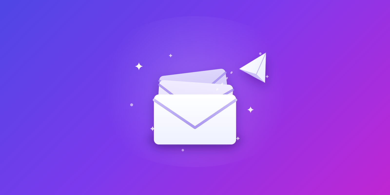 Stack of envelopes with a paper plane flying away, on a purple to magenta gradient.
