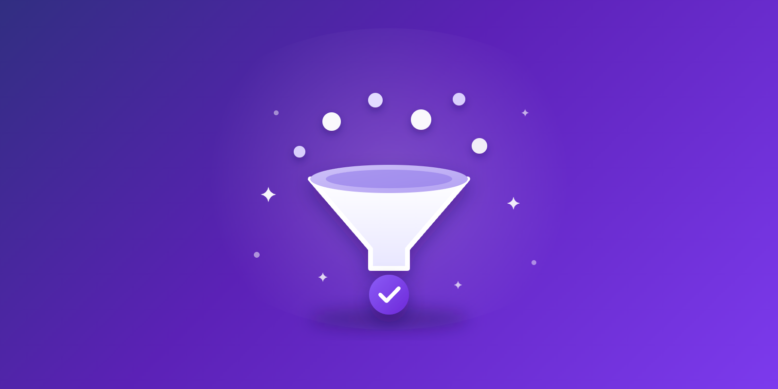 Funnel with prospect dots entering the top and a purple checkmark badge emerging at the bottom, on a violet gradient.
