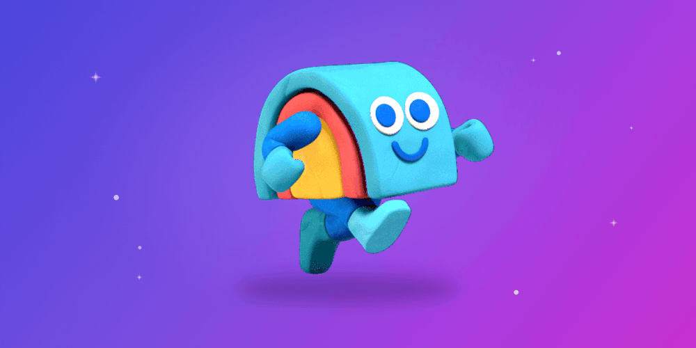 A blue claymation mailbox character running, on a purple gradient.