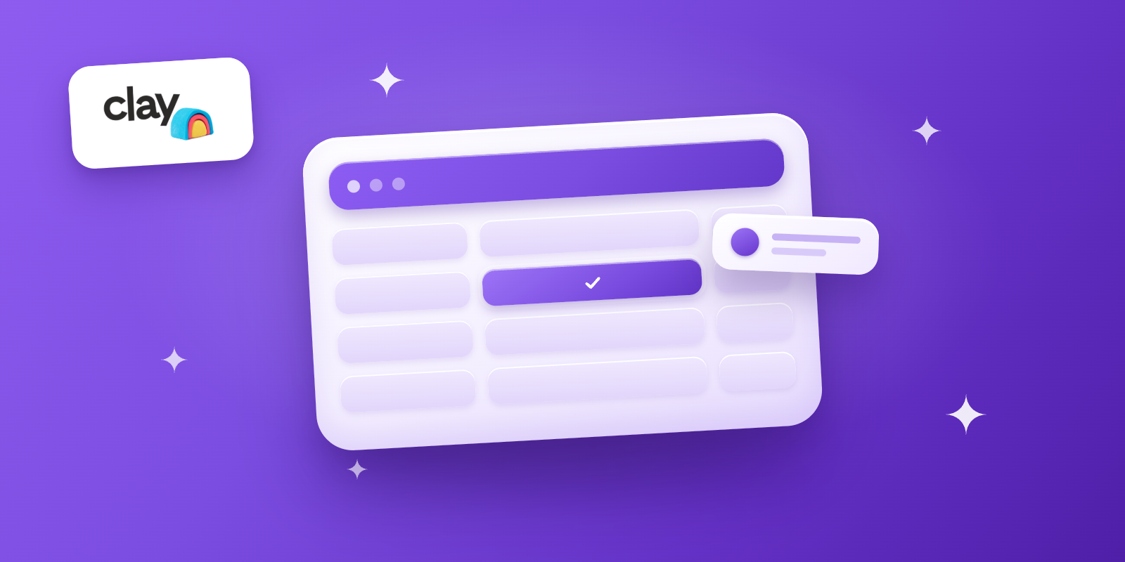 The Clay logo beside a soft 3D data table on a purple gradient, with one enriched cell filling in and a contact record lifting off.