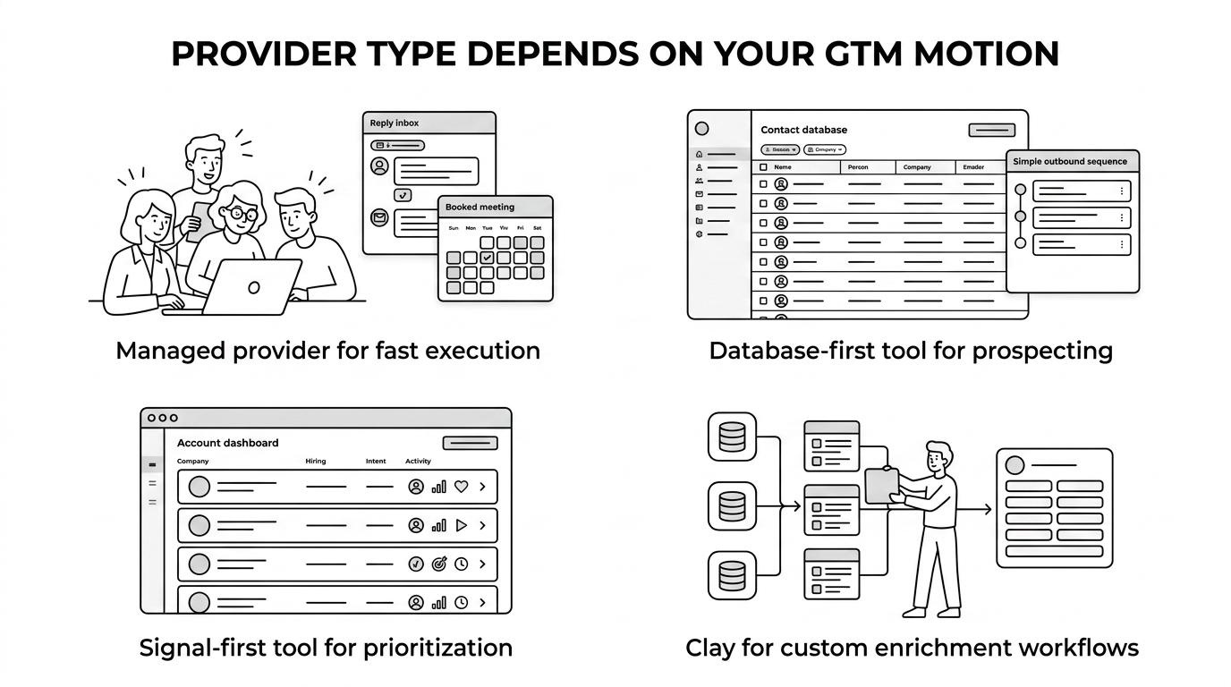 A grouped visual organizing sales intelligence providers by best fit, such as managed execution, database-first prospecting, signal-heavy prioritization, and custom enrichment workflows.