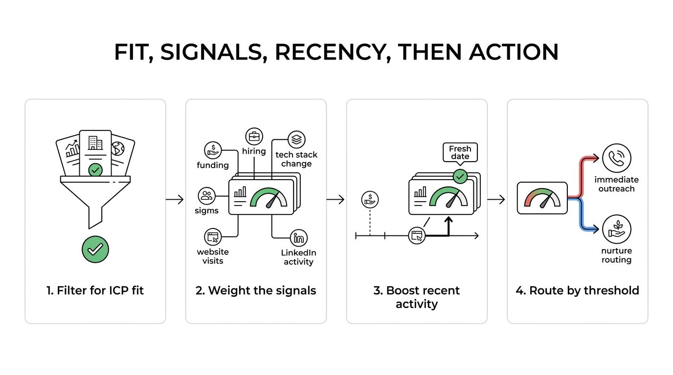 A step-by-step flow showing buyer intent scoring from ICP fit and weighted signals to recency, action threshold, and outreach.