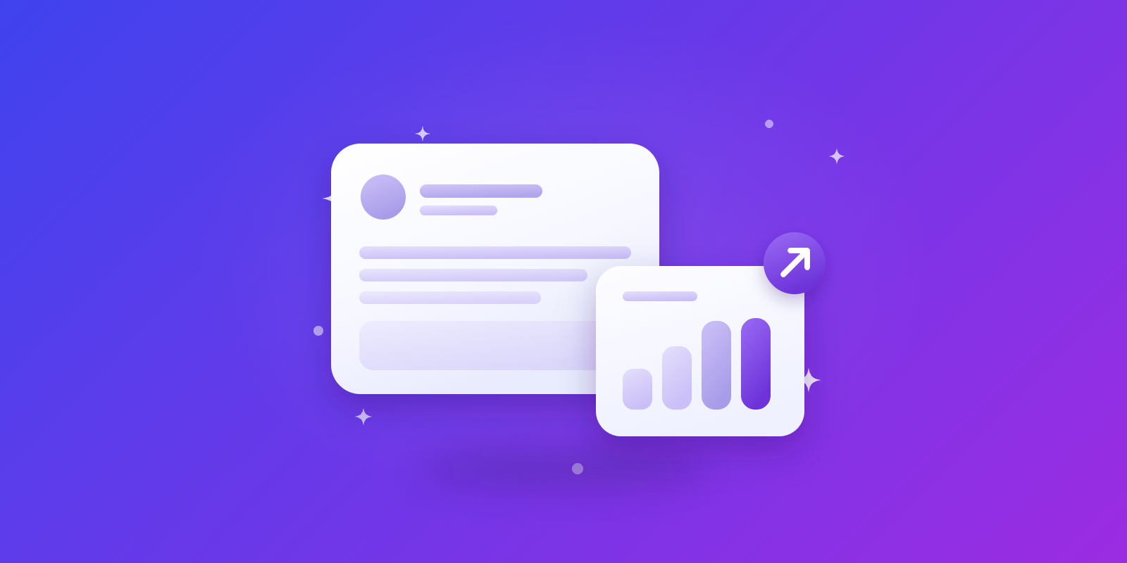 A LinkedIn feed post card beside a rising reach chart on a purple gradient