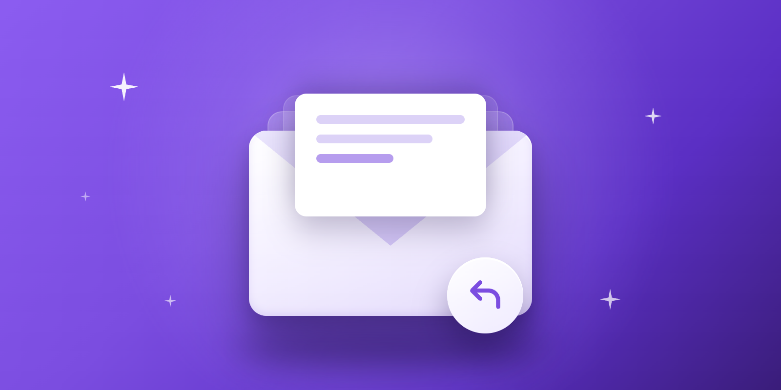 A soft 3D open envelope on a purple gradient with a letter lifting out, a reply arrow badge, and two more envelopes stacked behind it.