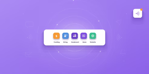 A row of small signal tiles labelled Funding, Hiring, Headcount, News and Website on a purple radar background, representing B2B buying signals.