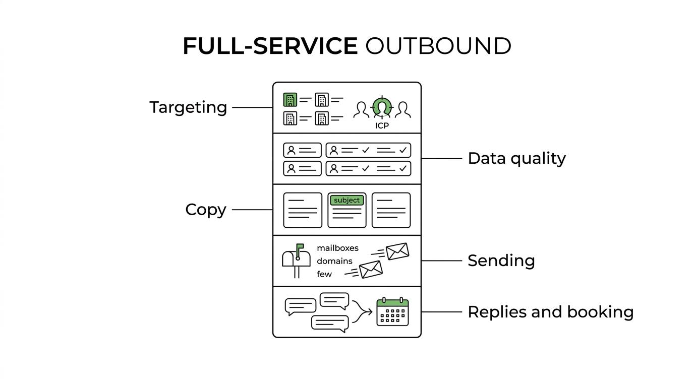 Labeled diagram showing a full-service outsourced SDR system with targeting, verified data, messaging, sending infrastructure, multichannel outreach, reply handling, and meeting handoff.