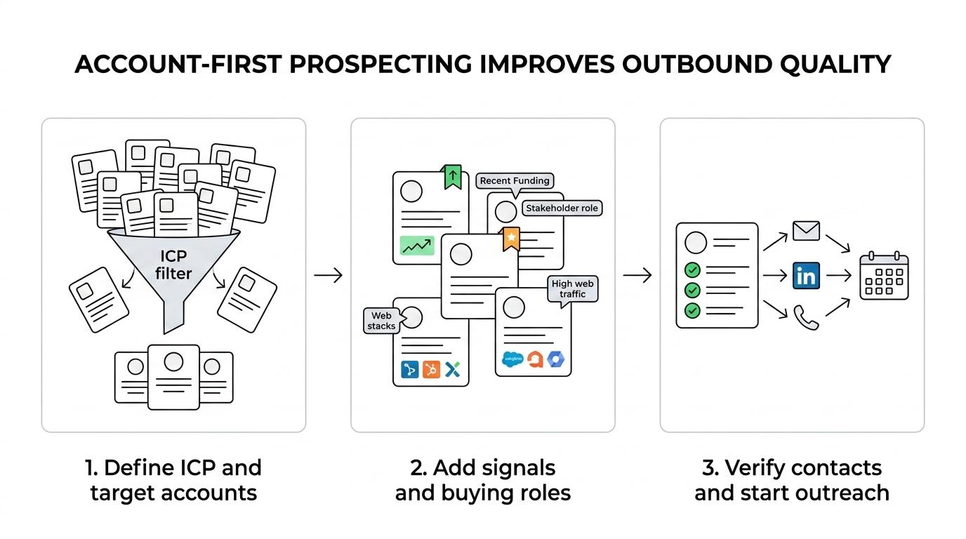 A step-by-step visual showing Reachly’s prospect list process from ICP and account selection to signal enrichment, contact verification, and outreach-ready handoff.